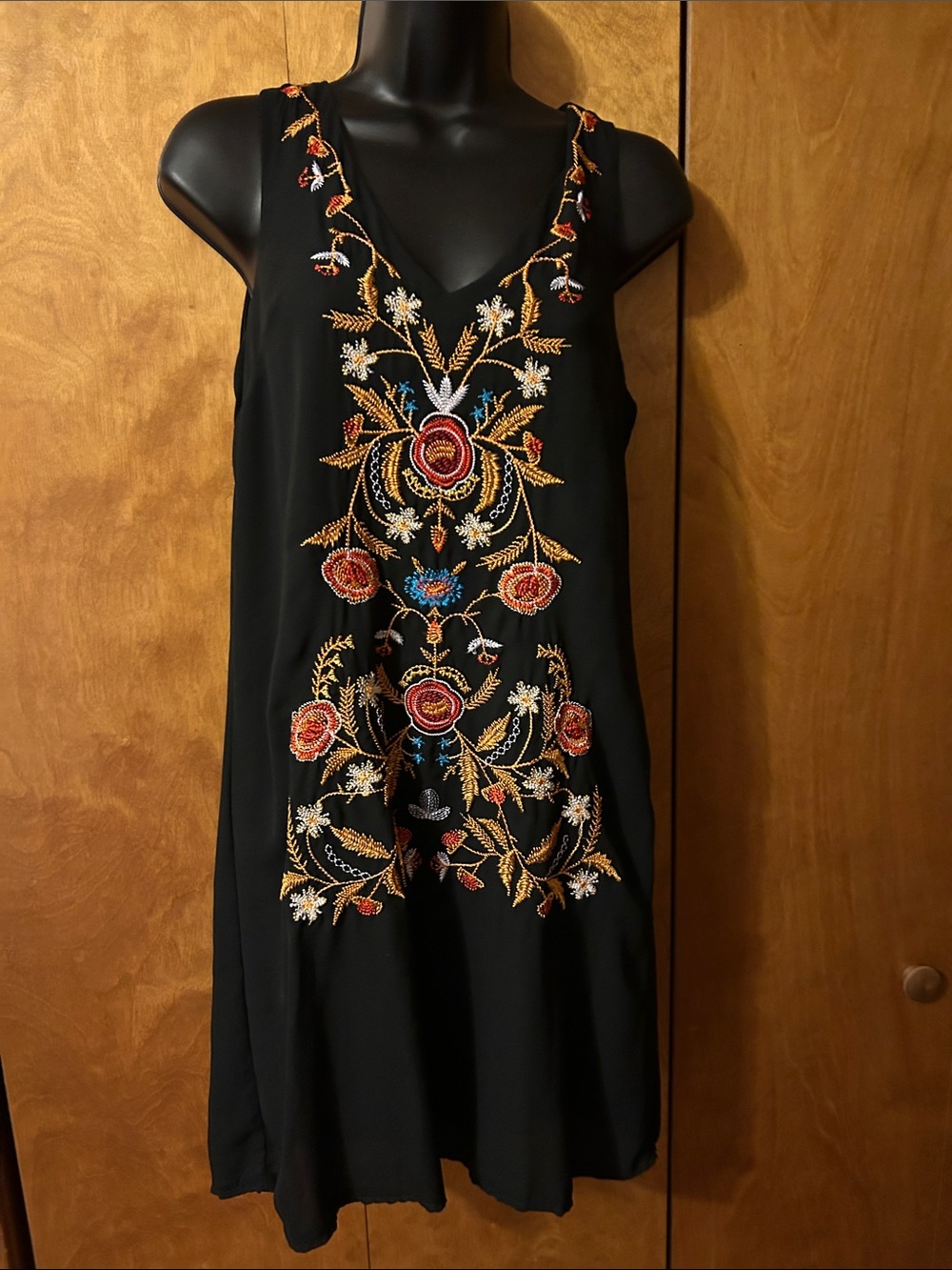Hot Miami Styles Black Midi Dress with Multicolor Floral Embroidery